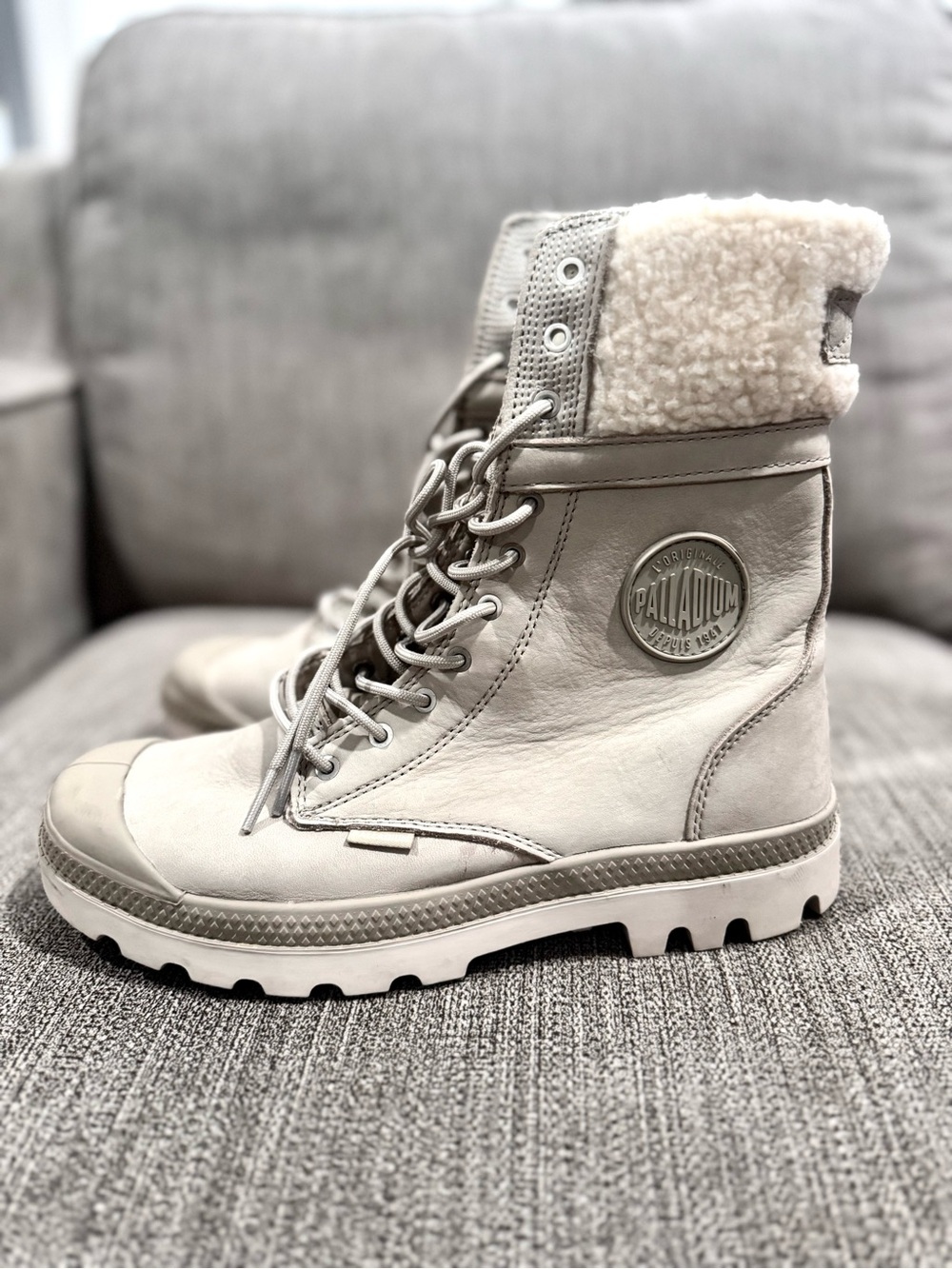 Palladium Women’s Lace-Up Shearling Cuff Boots in Light Gray